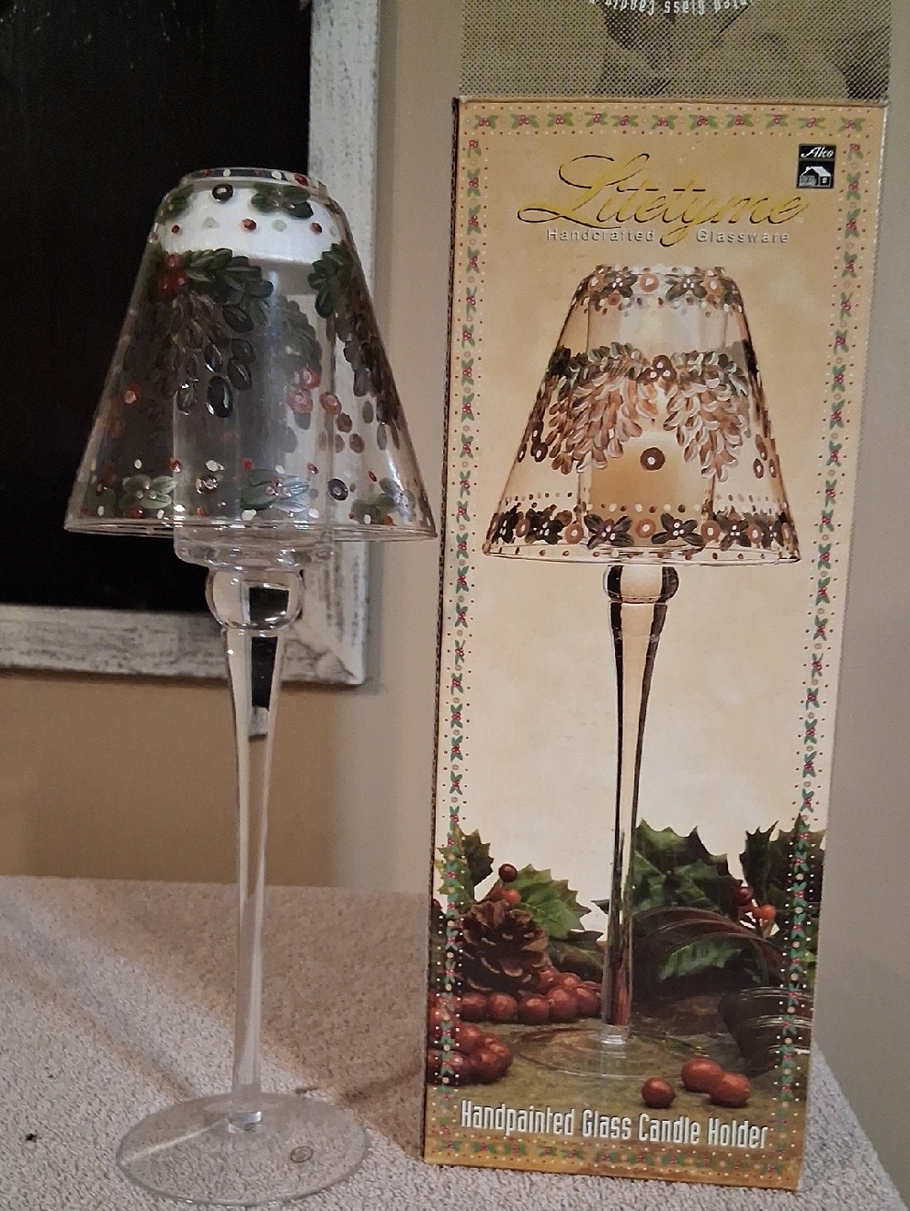 Handpainted Beige Glass Candle Holder with Brown Accents